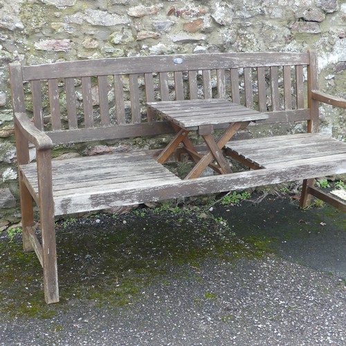 498 - A garden bench, with central drinks section, drinks section does not function, W 159cm x H 88cm x D ... 