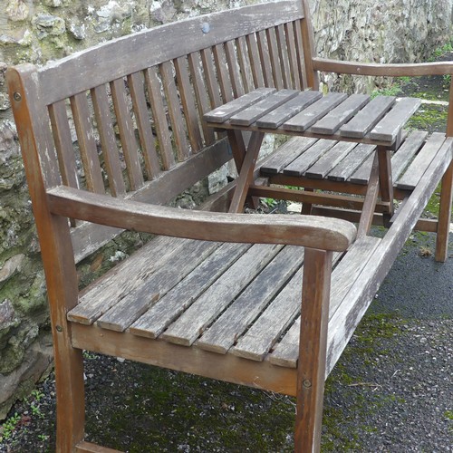 498 - A garden bench, with central drinks section, drinks section does not function, W 159cm x H 88cm x D ... 