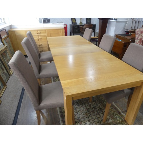 414 - A modern light oak John Lewis Dining Table and six Chairs, featuring dovetail joints, W 231cm x H 76... 