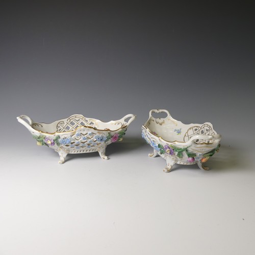 73 - A pair of 20thC Dresden porcelain Baskets, with pierced decorated and flora in relief, factory marks... 