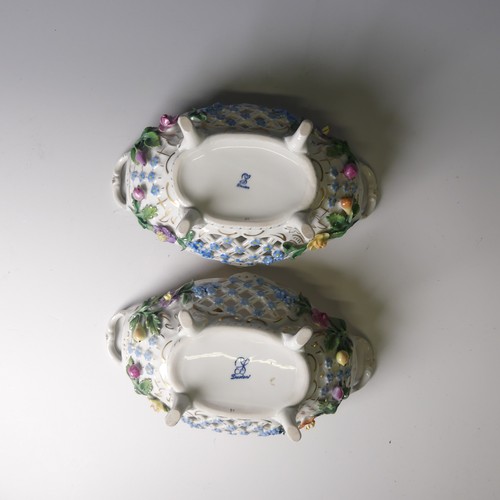 73 - A pair of 20thC Dresden porcelain Baskets, with pierced decorated and flora in relief, factory marks... 