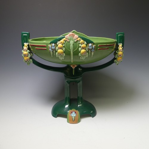 76 - A 20thC Eichwald majolica Centrepiece, in the art nouveau style with moulded fruiting swags and geom... 