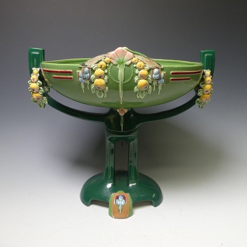 76 - A 20thC Eichwald majolica Centrepiece, in the art nouveau style with moulded fruiting swags and geom... 