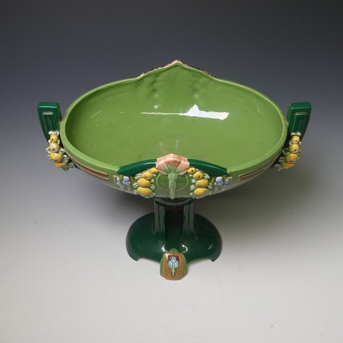 76 - A 20thC Eichwald majolica Centrepiece, in the art nouveau style with moulded fruiting swags and geom... 