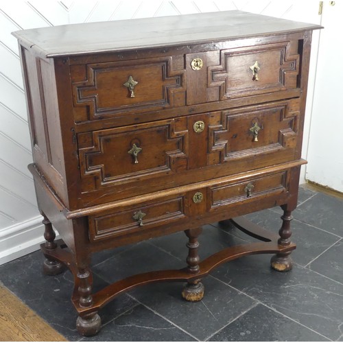 422 - A Carolean style oak Chest-on-Stand, W 92cm x H 94.5cm x D 50.5cm, ball feet damaged.... 