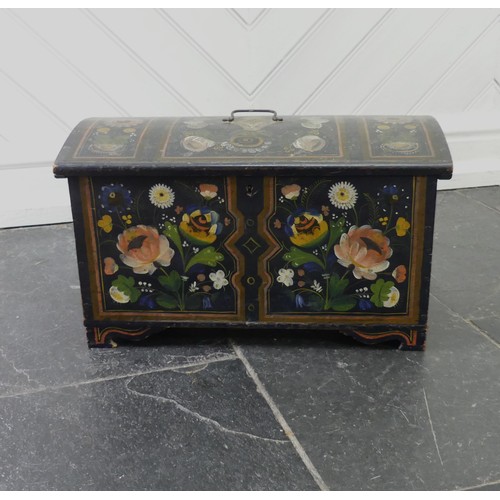 425 - A decorative Bargeware painted domed Trunk, of a small size, W 45cm x H 26cm x D 24cm, together with... 