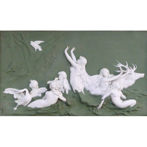 440 - A late 19th century continental porcelain wall plaque, restored, 17cm x 30cm, in an oak  frame.... 