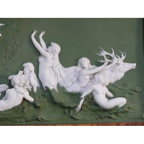 440 - A late 19th century continental porcelain wall plaque, restored, 17cm x 30cm, in an oak  frame.... 