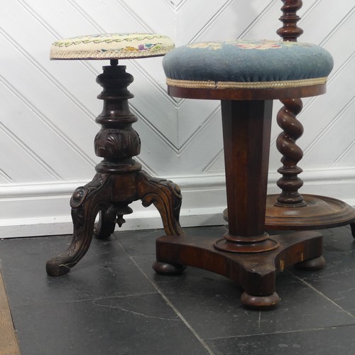 444 - Two Victorian Piano Stools, with adjustable floral tapestry seats set on tripod bases, together with... 