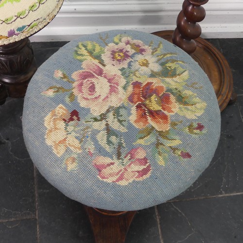 444 - Two Victorian Piano Stools, with adjustable floral tapestry seats set on tripod bases, together with... 