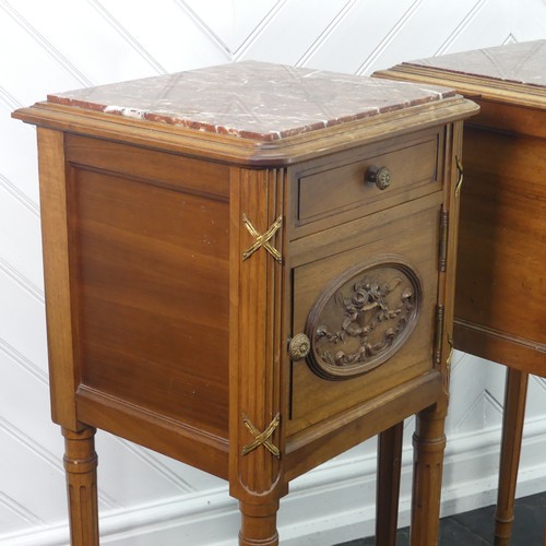 447 - A pair of Louis XVI style kingwood Pot Cupboards, with marble tops and single frieze drawers above c... 