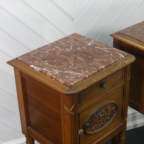 447 - A pair of Louis XVI style kingwood Pot Cupboards, with marble tops and single frieze drawers above c... 