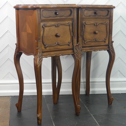 449 - A pair of Louis XVI style kingwood Pot Cupboards, with marble tops and single frieze drawers with ab... 