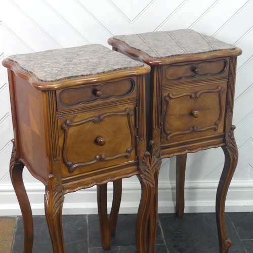 449 - A pair of Louis XVI style kingwood Pot Cupboards, with marble tops and single frieze drawers with ab... 