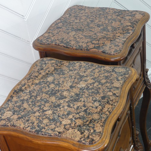 449 - A pair of Louis XVI style kingwood Pot Cupboards, with marble tops and single frieze drawers with ab... 