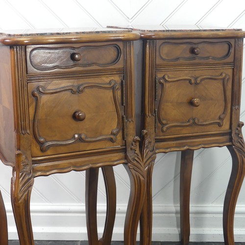 449 - A pair of Louis XVI style kingwood Pot Cupboards, with marble tops and single frieze drawers with ab... 