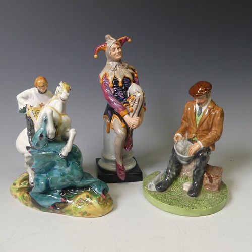 93 - A Royal Doulton Character figure of The Jester, HN2016, together with St George, HN2051, Fisherman, ... 