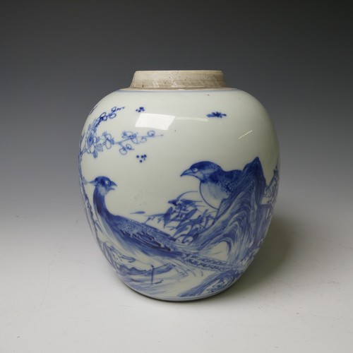 171 - An antique Chinese blue and white Ginger Jar, decorated with cranes and prunus trees, lacks Cover, w...