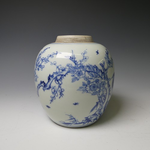 171 - An antique Chinese blue and white Ginger Jar, decorated with cranes and prunus trees, lacks Cover, w... 