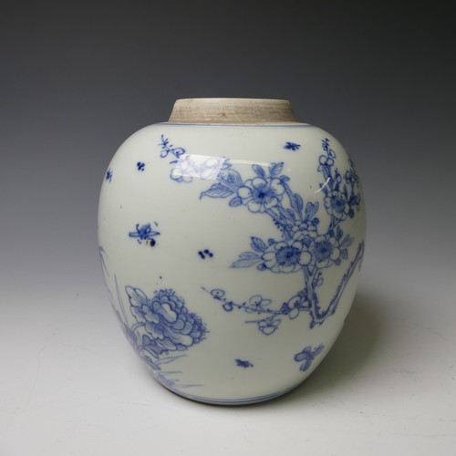 171 - An antique Chinese blue and white Ginger Jar, decorated with cranes and prunus trees, lacks Cover, w... 