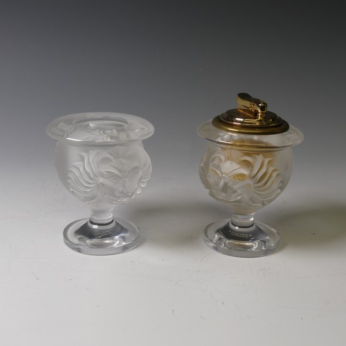 119 - A Lalique frosted glass Lion's Head Table Lighter and Cigarette Pot, each with corresponding design,... 