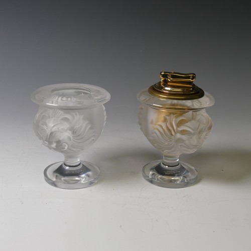 119 - A Lalique frosted glass Lion's Head Table Lighter and Cigarette Pot, each with corresponding design,... 