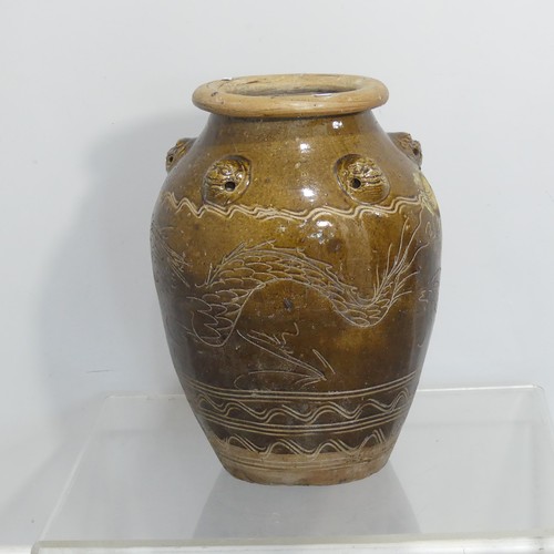 167 - A large 20thC Chinese garden Vase, with relief work dog heads and dragon incised decoration, H 50cm.... 