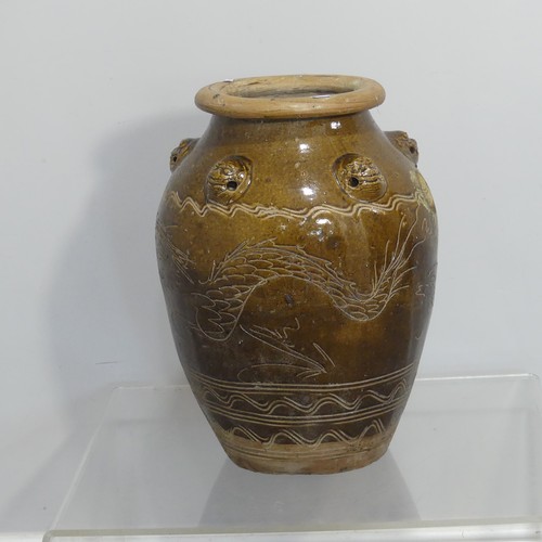 167 - A large 20thC Chinese garden Vase, with relief work dog heads and dragon incised decoration, H 50cm.... 