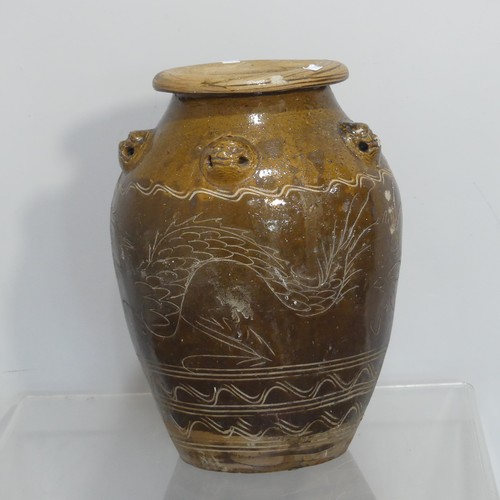 167 - A large 20thC Chinese garden Vase, with relief work dog heads and dragon incised decoration, H 50cm.... 