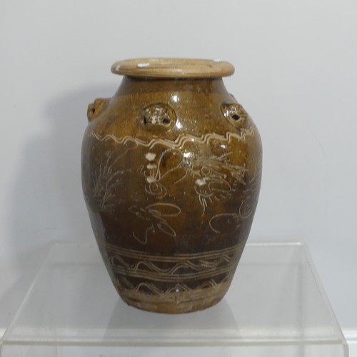 167 - A large 20thC Chinese garden Vase, with relief work dog heads and dragon incised decoration, H 50cm.... 