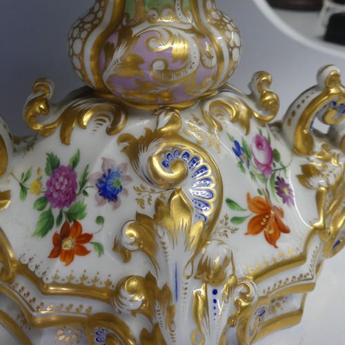 124 - A good pair of late 19thC ornate continental porcelain Vases, probably French, of two-handled oval f... 