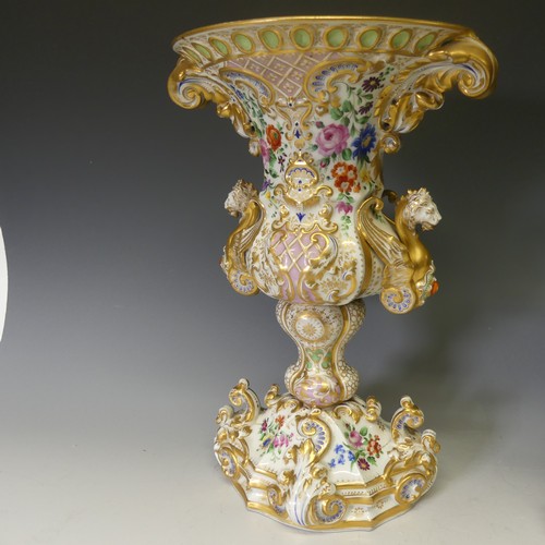 124 - A good pair of late 19thC ornate continental porcelain Vases, probably French, of two-handled oval f... 