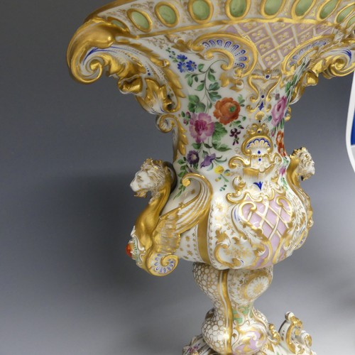 124 - A good pair of late 19thC ornate continental porcelain Vases, probably French, of two-handled oval f... 