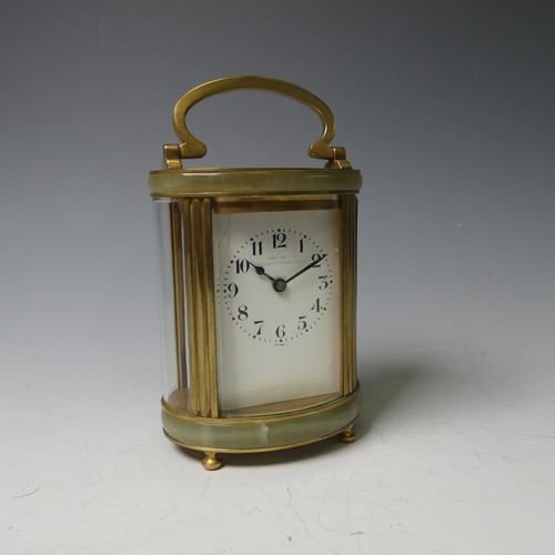 266 - A French gilt brass and green onyx marble Carriage Clock timepiece, of five glass oval form, the whi... 