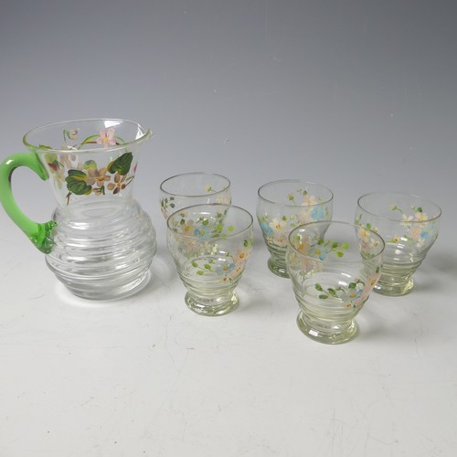 16 - A retro glass Lemonade Set, comprising a Jug and six Glasses, decorated with coloured bands, H 25cm,... 