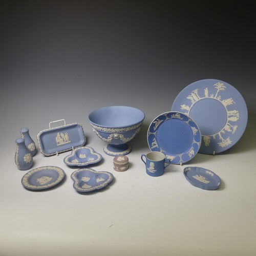 66 - A Wedgwood pale blue Jasperware footed Bowl, together with Salt and Pepper, Pin Trays, Pill Box, Jos... 