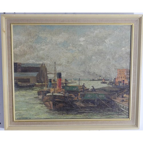 180 - H. W. Cater (20th century), Tugs and figures at work in a dockyard, oil on board, signed lower left ... 