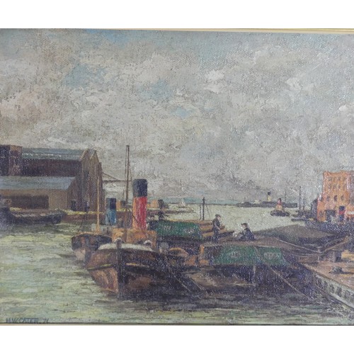 180 - H. W. Cater (20th century), Tugs and figures at work in a dockyard, oil on board, signed lower left ... 