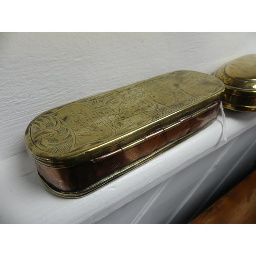 312 - An 18thC Dutch brass Tobacco Box, of oval form with hinged cover, typical figural engraved decoratio... 