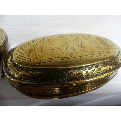 312 - An 18thC Dutch brass Tobacco Box, of oval form with hinged cover, typical figural engraved decoratio... 