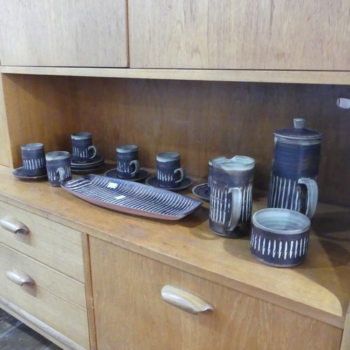 22 - A Christine Hester Smith studio pottery Coffee Set, comprising six Coffee Cans and Saucers, Coffee P... 