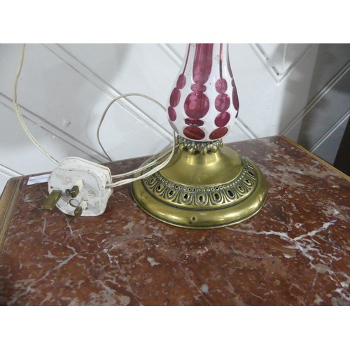 326 - A Victorian overlaid glass Oil Lamp, converted to electricity, with shade, on brass base, H 55cm.... 