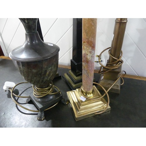 329 - A marble and brass electric Lamp, 38cm to top of column, together with two other electric lamps and ... 