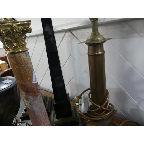 329 - A marble and brass electric Lamp, 38cm to top of column, together with two other electric lamps and ... 