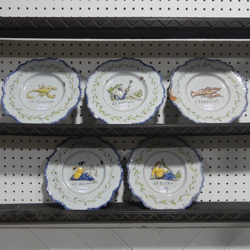 78 - A set of five 18thC French faience Wall Plates, to comprise 'La Vierge', 'Le Scorpion', 'La Balance'... 