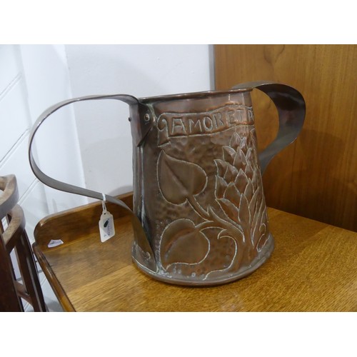 351 - An Arts & Crafts Newlyn-style copper two-handled Vase, the tapering cylindrical body repoussé de... 