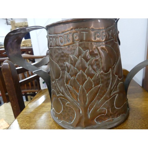 351 - An Arts & Crafts Newlyn-style copper two-handled Vase, the tapering cylindrical body repoussé de... 