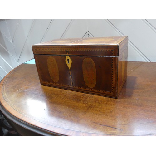 432 - A Georgian mahogany Tea Caddy, with shell inlays and ivory escutcheon, the two section interior with... 