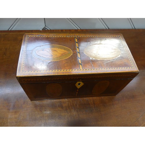 432 - A Georgian mahogany Tea Caddy, with shell inlays and ivory escutcheon, the two section interior with... 