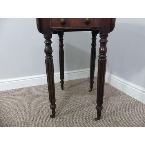 466 - An early 19thC mahogany drop leaf Work Table, 66cm wide when extended, 46cm deep, 70cm high, one fro... 